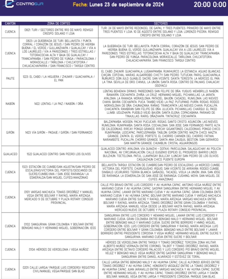Cuenca: horarios de cortes de luz para este lunes 23 de septiembre.