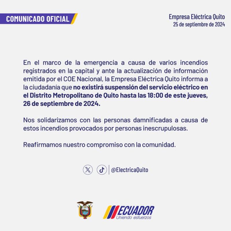 Hasta qué horas no habrá cortes de luz en Quito este jueves 26 de septiembre