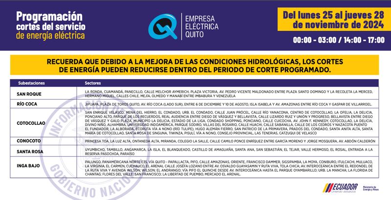 Cortes de luz en Quito del 25 al 28 de noviembre