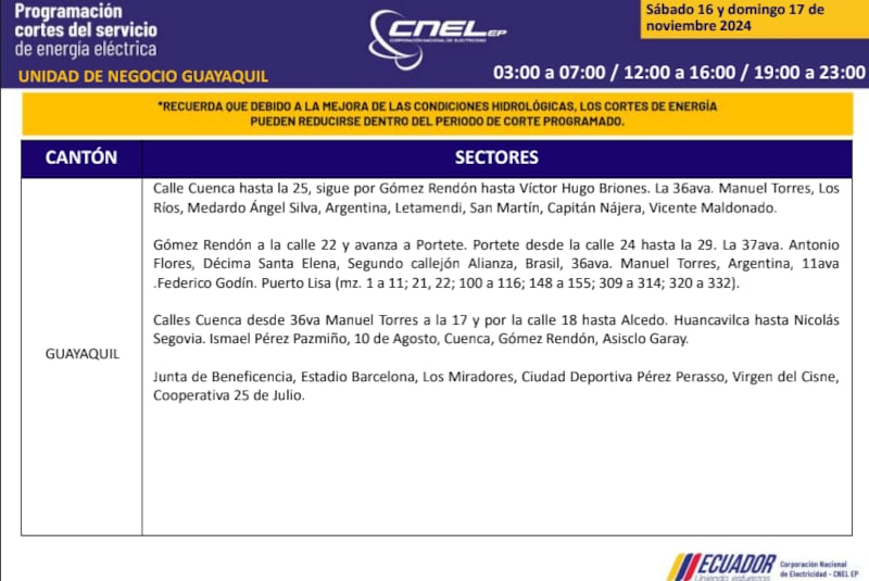 Guayaquil: horarios de cortes de luz de este domingo 17 de noviembre. Imagen: CNEL