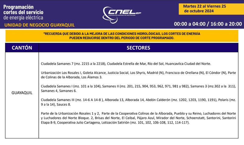 Cortes de luz en Guayaquil del martes 22 al viernes 25 de octubre