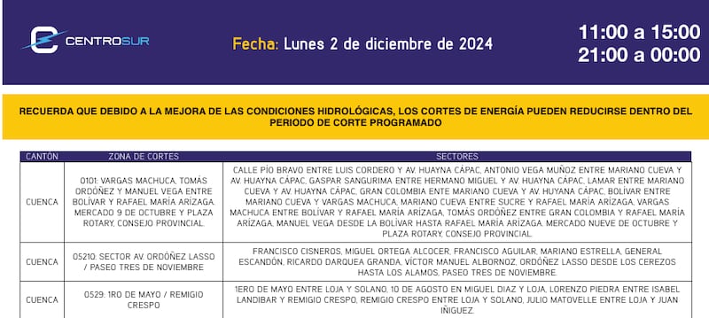 Cuenca: revise el cronograma de cortes de luz de este lunes 2 de diciembre. Imagen: CENTROSUR