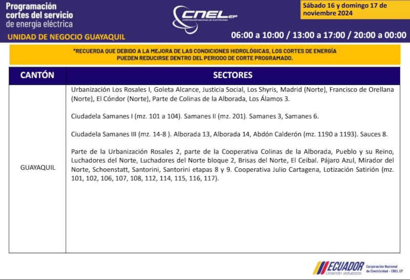 Guayaquil: horarios de cortes de luz de este domingo 17 de noviembre. Imagen: CNEL