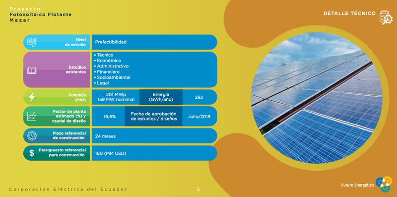 Imagen del folleto que maquetó  proyecto Fotovoltaico Flotante Mazar. Imagen: CELEC