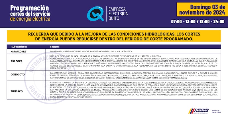 Quito: horarios de cortes de luz del 28 de octubre al 3 de noviembre. Imagen: EEQ