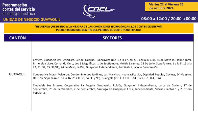 Cortes de luz en Guayaquil del martes 22 al viernes 25 de octubre