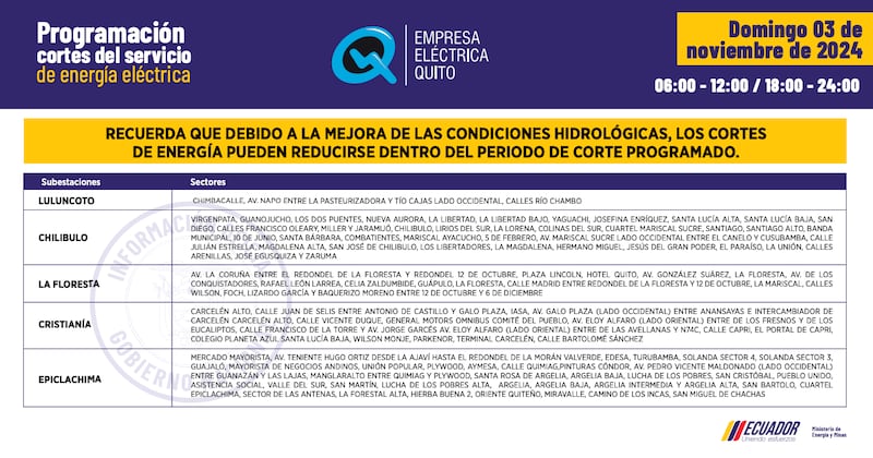 Quito: horarios de cortes de luz del 28 de octubre al 3 de noviembre. Imagen: EEQ