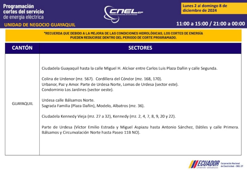 Guayaquil: revise los horarios de cortes de luz del 2 al 8 de diciembre. Imagen: CNEL