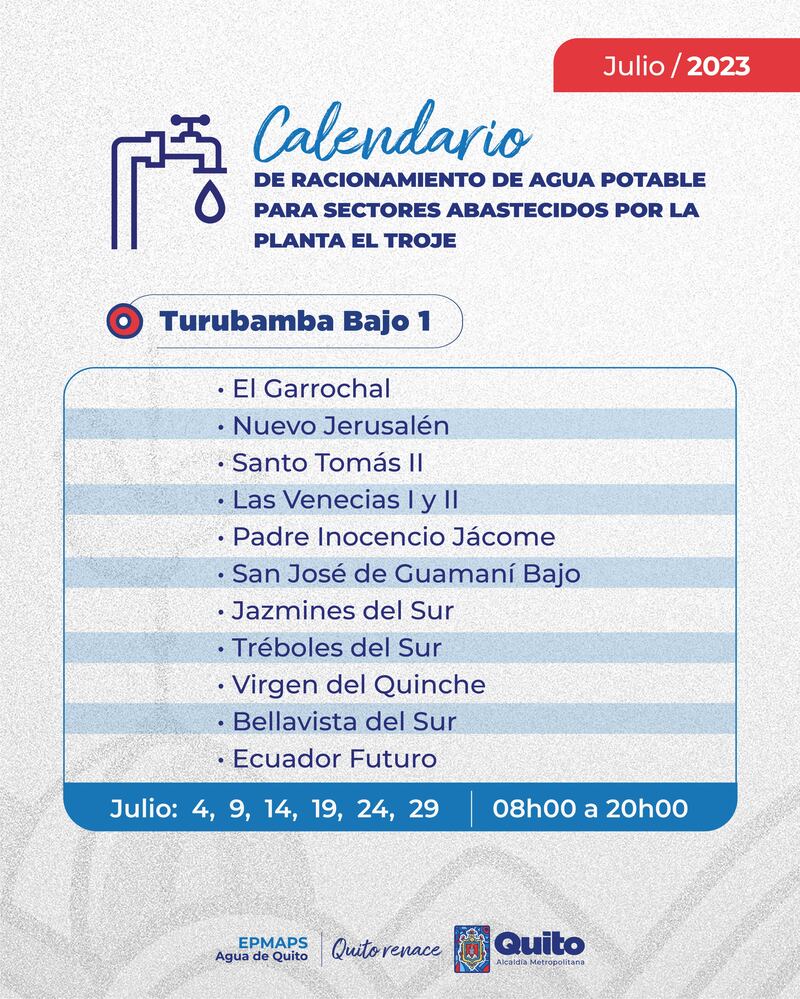 calendario de racionamiento de agua potable para julio en el sector de Turubamba