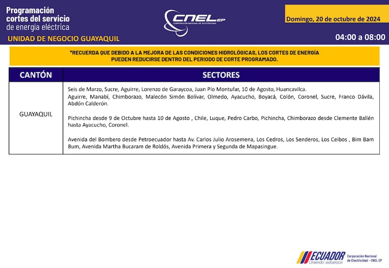 Guayaquil: horarios de cortes de luz para este sábado 19 y domingo 20 de octubre. Imagen: CNEL