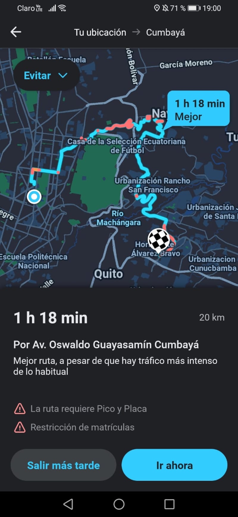 Tiempo para movilizarse del norte de Quito a Cumbayá