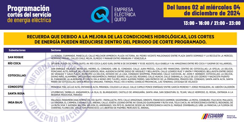 Cortes de luz en Quito del lunes 2 al miércoles 4 de diciembre