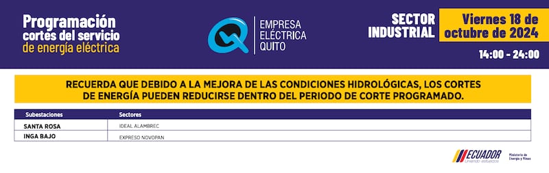 Quito: recuerde los horarios de cortes de luz de este viernes 18 de octubre. Imagen: EEQ