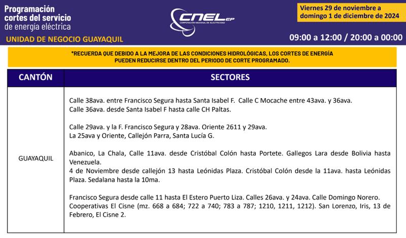 Cortes de luz en Guayaquil hasta el 1 de diciembre