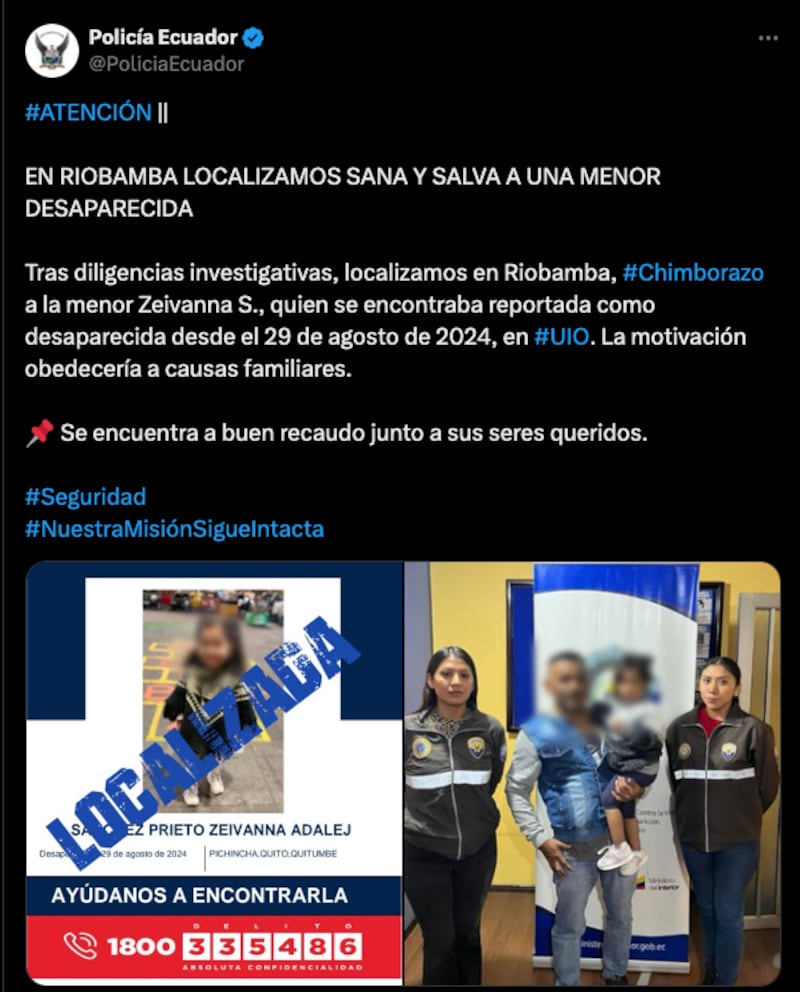 Localizan a la menor Zeivanna Sánchez, menor reportada como desaparecida en Quito