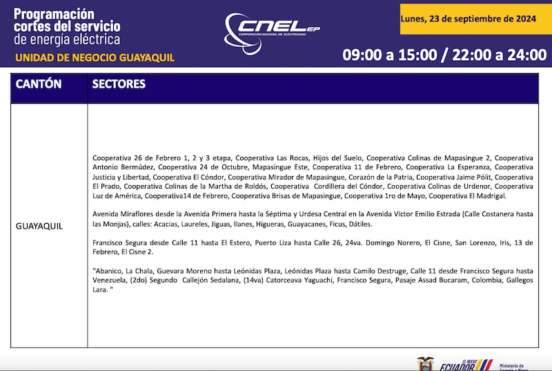 Así quedan los horarios de cortes de luz para Guayaquil.