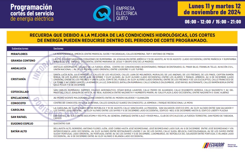 Cortes de luz en Quito 11 y 12 de noviembre