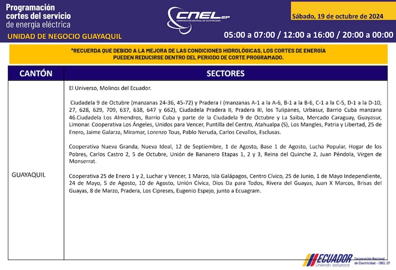 Guayaquil: horarios de cortes de luz para este sábado 19 y domingo 20 de octubre. Imagen: CNEL