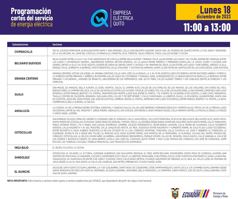 Cronograma de cortes de luz para este lunes 18 de diciembre en Quito.