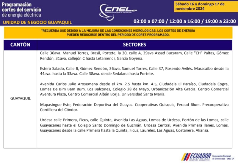 Guayaquil: horarios de cortes de luz de este domingo 17 de noviembre. Imagen: CNEL