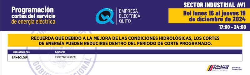 Quito: nuevos horarios de apagones del 16 al 19 de diciembre serán de dos horas