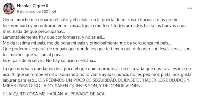 El antecedente que sufrió Nicolás Cignetti hace casi cuatro años exactos. (Foto: Facebook).