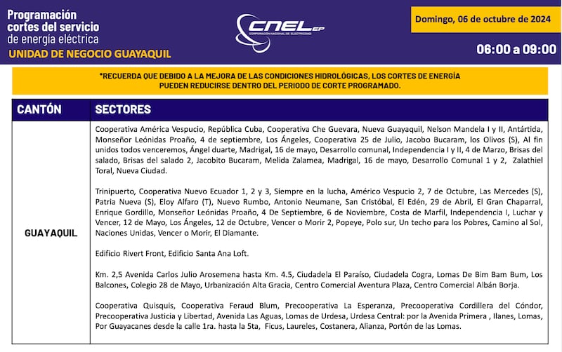 Cortes de luz 6 de octubre en Guayaquil
