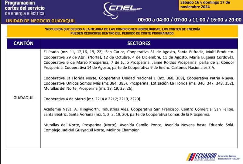 Guayaquil: horarios de cortes de luz de este domingo 17 de noviembre. Imagen: CNEL