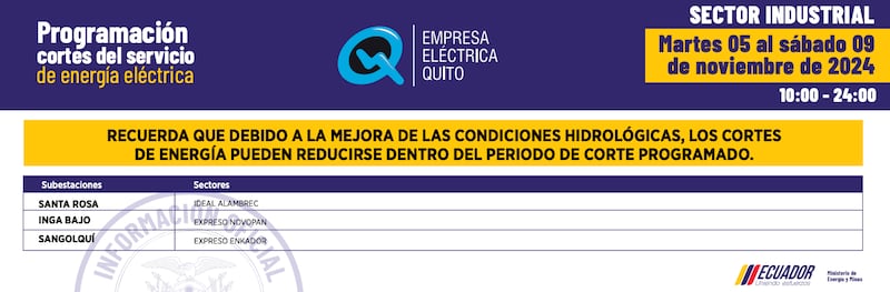 Cortes de luz en Quito hasta el 10 de noviembre