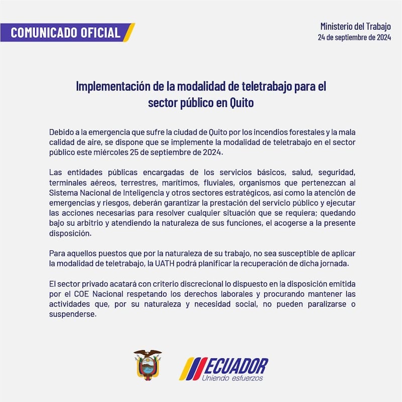 Sector público tendrá modalidad de teletrabajo este miércoles 25 de septiembre en Quito