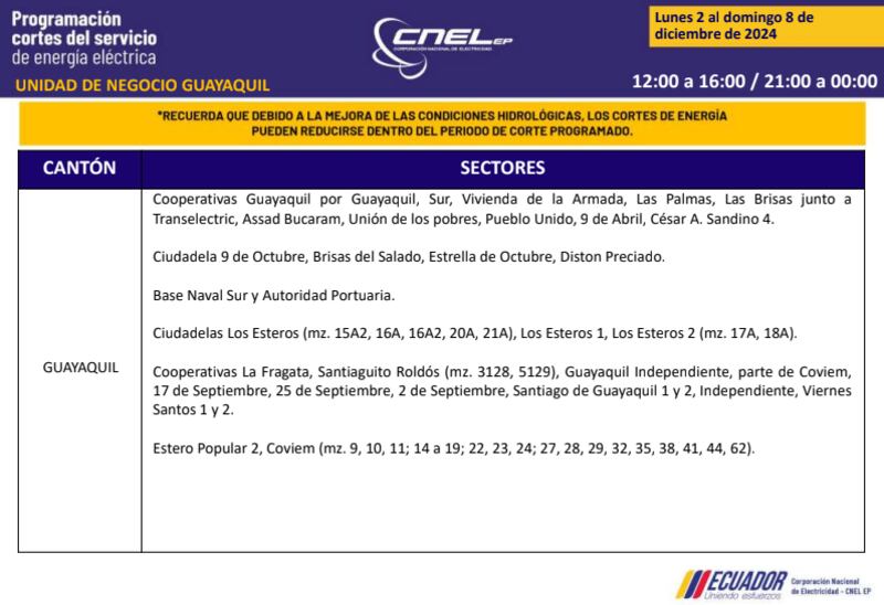 Guayaquil: revise los horarios de cortes de luz del 2 al 8 de diciembre. Imagen: CNEL