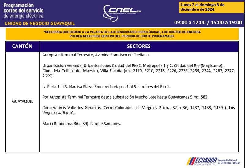 Guayaquil: revise los horarios de cortes de luz del 2 al 8 de diciembre. Imagen: CNEL