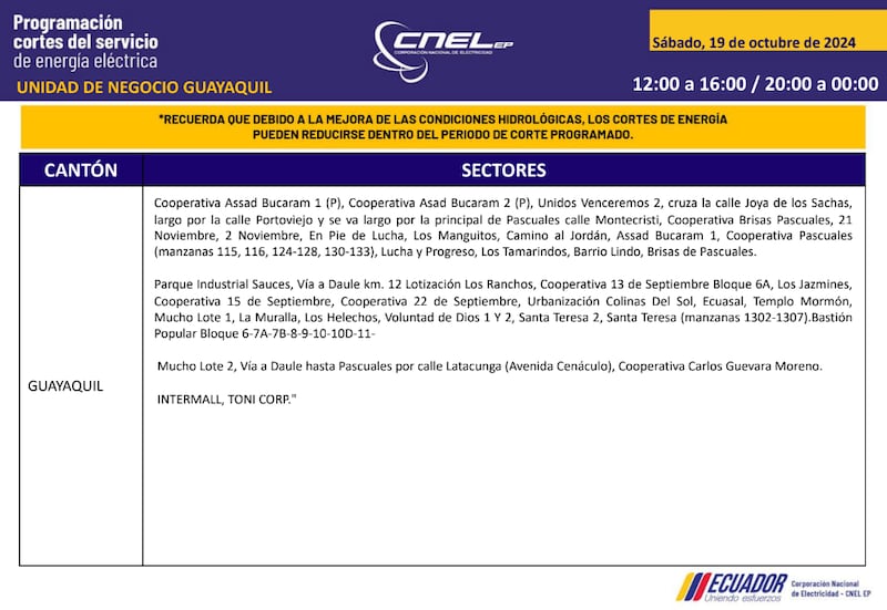 Guayaquil: horarios de cortes de luz para este sábado 19 y domingo 20 de octubre. Imagen: CNEL