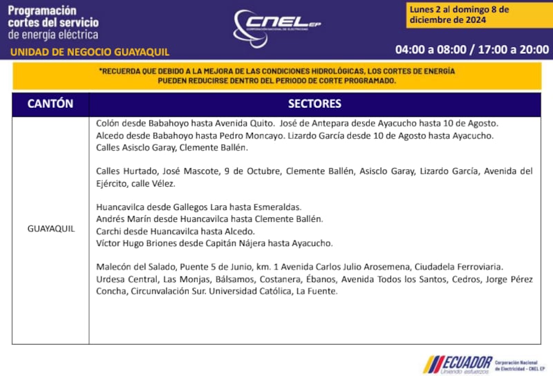 Guayaquil: revise los horarios de cortes de luz del 2 al 8 de diciembre. Imagen: CNEL