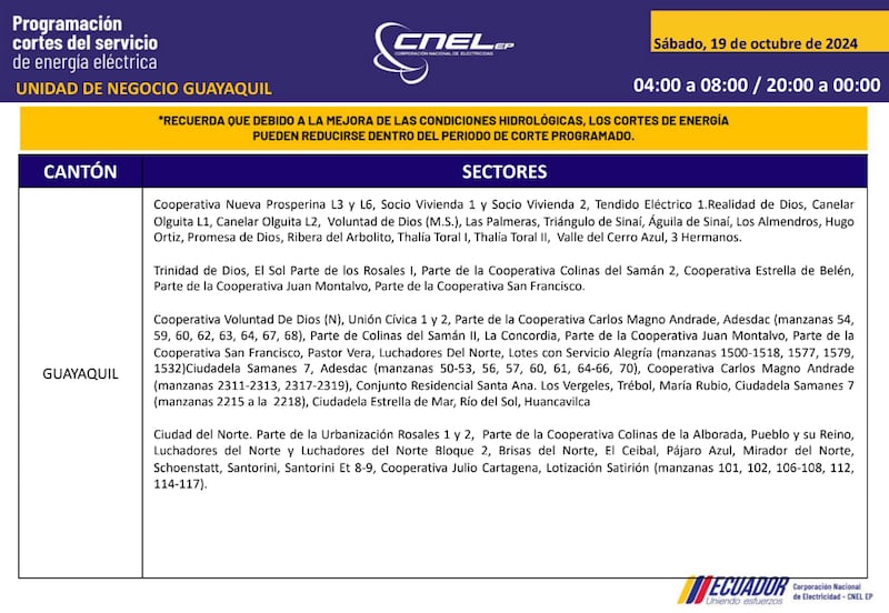 Guayaquil: horarios de cortes de luz para este sábado 19 y domingo 20 de octubre. Imagen: CNEL