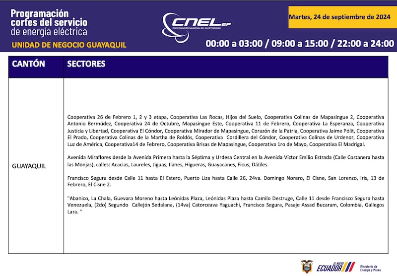 Horario de cortes de luz para este martes 24 de septiembre en Guayaquil.