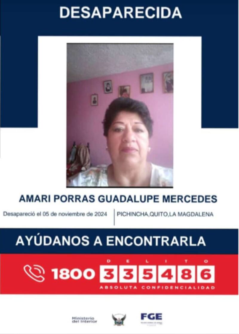 Mujer de la tercera edad lleva desaparecida más de cinco días en Quito