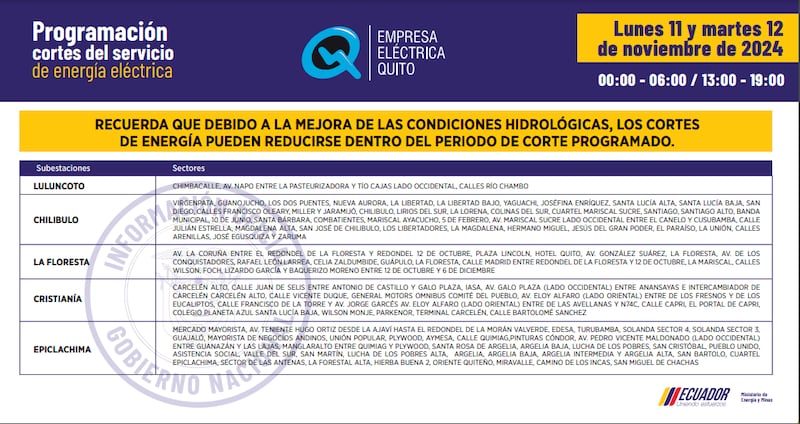 Cortes de luz en Quito 11 y 12 de noviembre