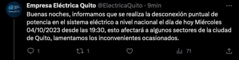 Empresa Eléctrica Quito anunció que se realiza desconexión puntual de potencia en el sistema eléctrico a nivel nacional,