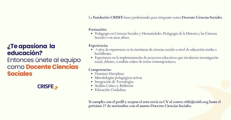 Vacante laboral en la fundación Crisfe en Quito para Quito como Docente de Ciencias Sociales