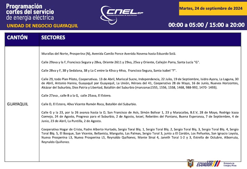 Horario de cortes de luz para este martes 24 de septiembre en Guayaquil.