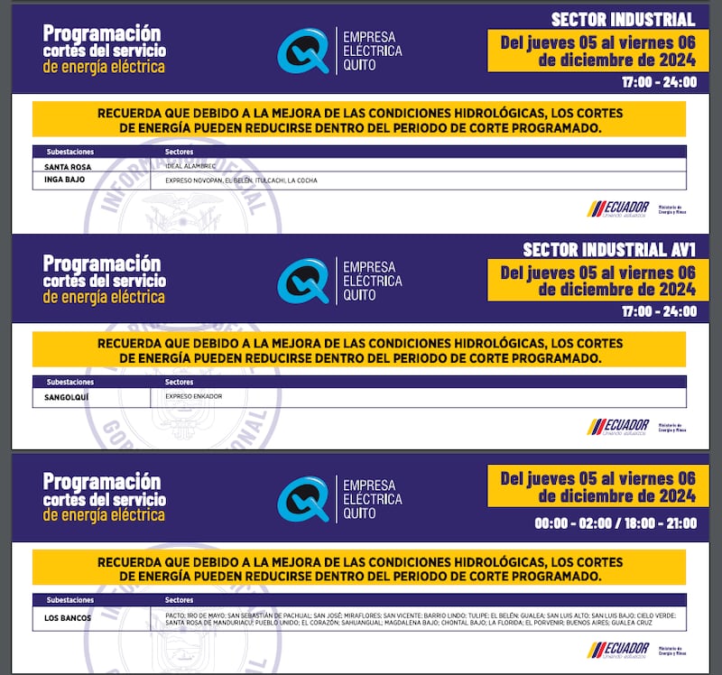 Los sectores de Quito que no tendrán luz el 05 y 06 de diciembre