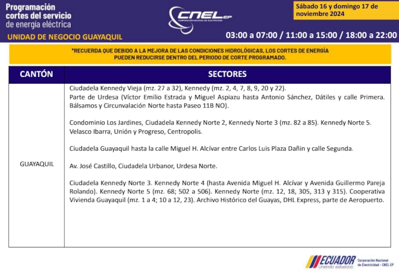 Guayaquil: horarios de cortes de luz de este domingo 17 de noviembre. Imagen: CNEL