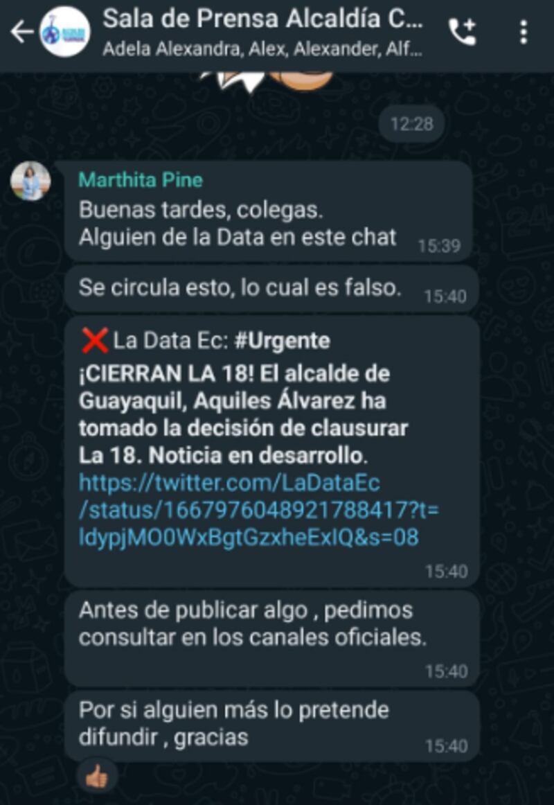 Captura de pantalla de chat de prensa de la Alcaldía de Guayaquil