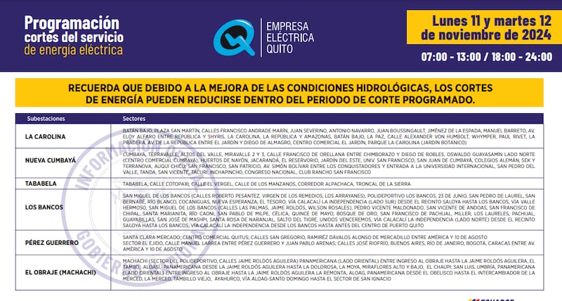 Cortes de luz en Quito 11 y 12 de noviembre