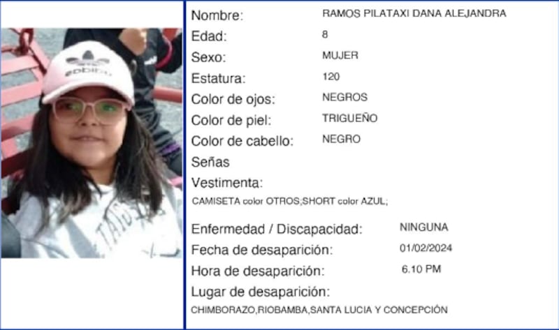 Autoridades emiten ‘Alerta Emilia’ tras la desaparición de la menor Diana Alejandra Ramos Pilataxi en Riobamba.