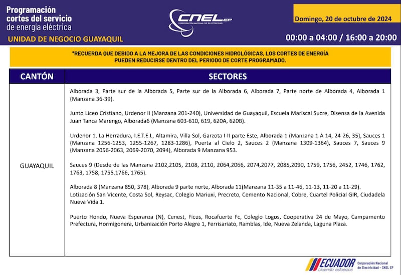 Guayaquil: horarios de cortes de luz para este sábado 19 y domingo 20 de octubre. Imagen: CNEL