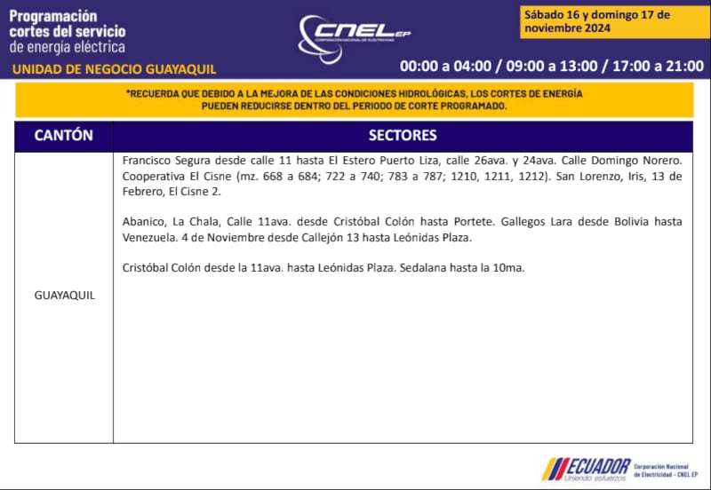 Guayaquil: horarios de cortes de luz de este domingo 17 de noviembre. Imagen: CNEL