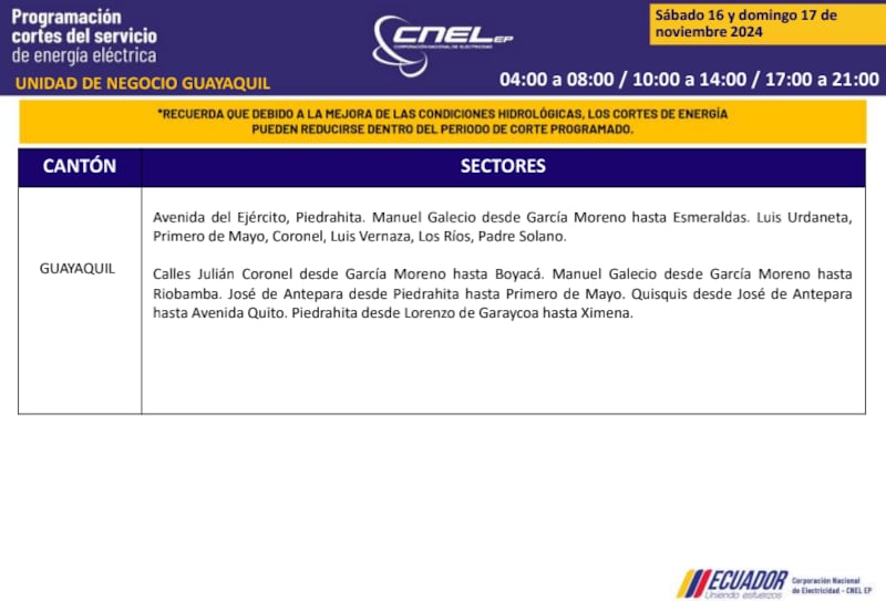 Guayaquil: horarios de cortes de luz de este domingo 17 de noviembre. Imagen: CNEL