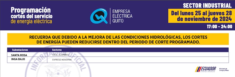 SECTOR INDUSTRIAL cortes de luz en Quito del 25 al 28 de noviembre